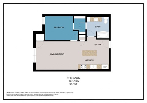 Floor plan for 1 bed, 1 bath, 647 sqft
